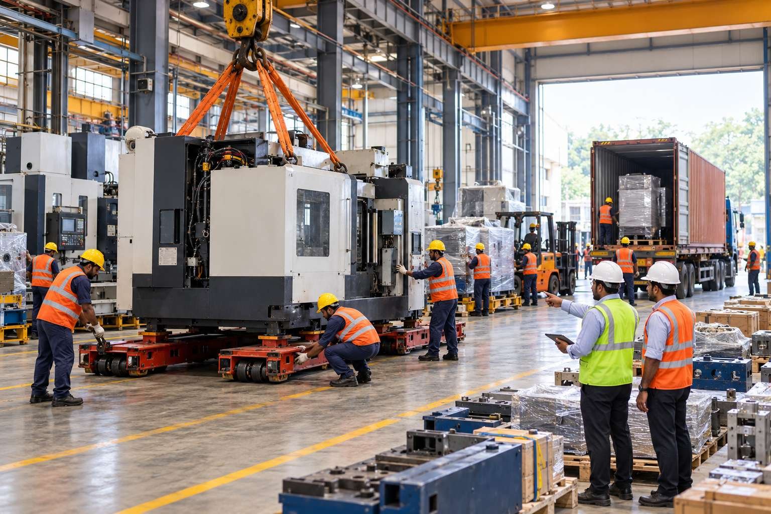 Industrial team preparing and positioning a machine inside a factory (illustrative image)