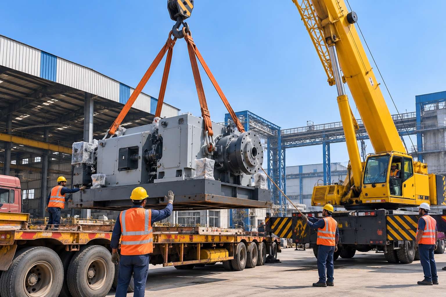 Crane-supported industrial machine loading beside a factory and trailer (illustrative image)