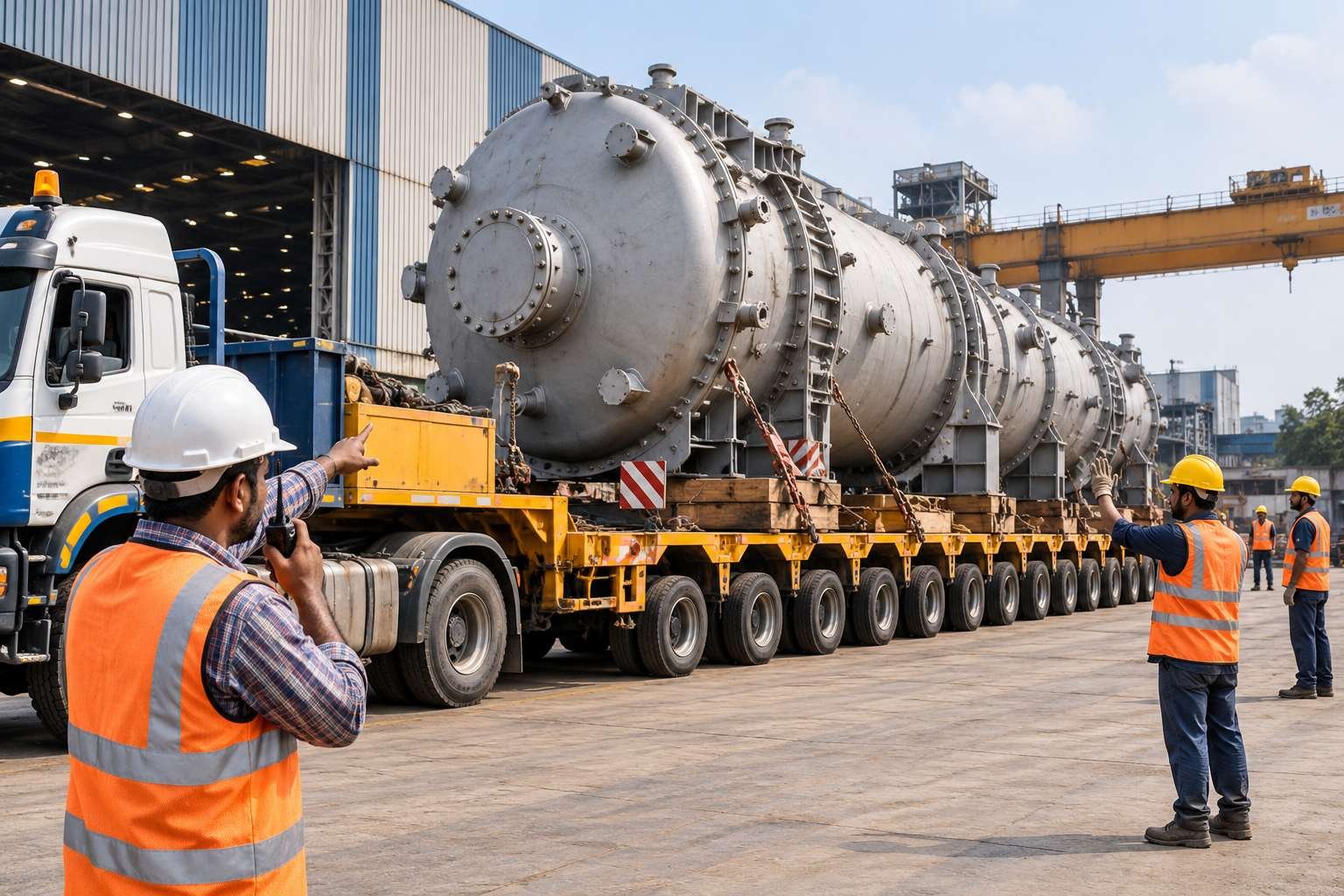 Industrial vessel on a heavy transport trailer at a factory site (illustrative image)
