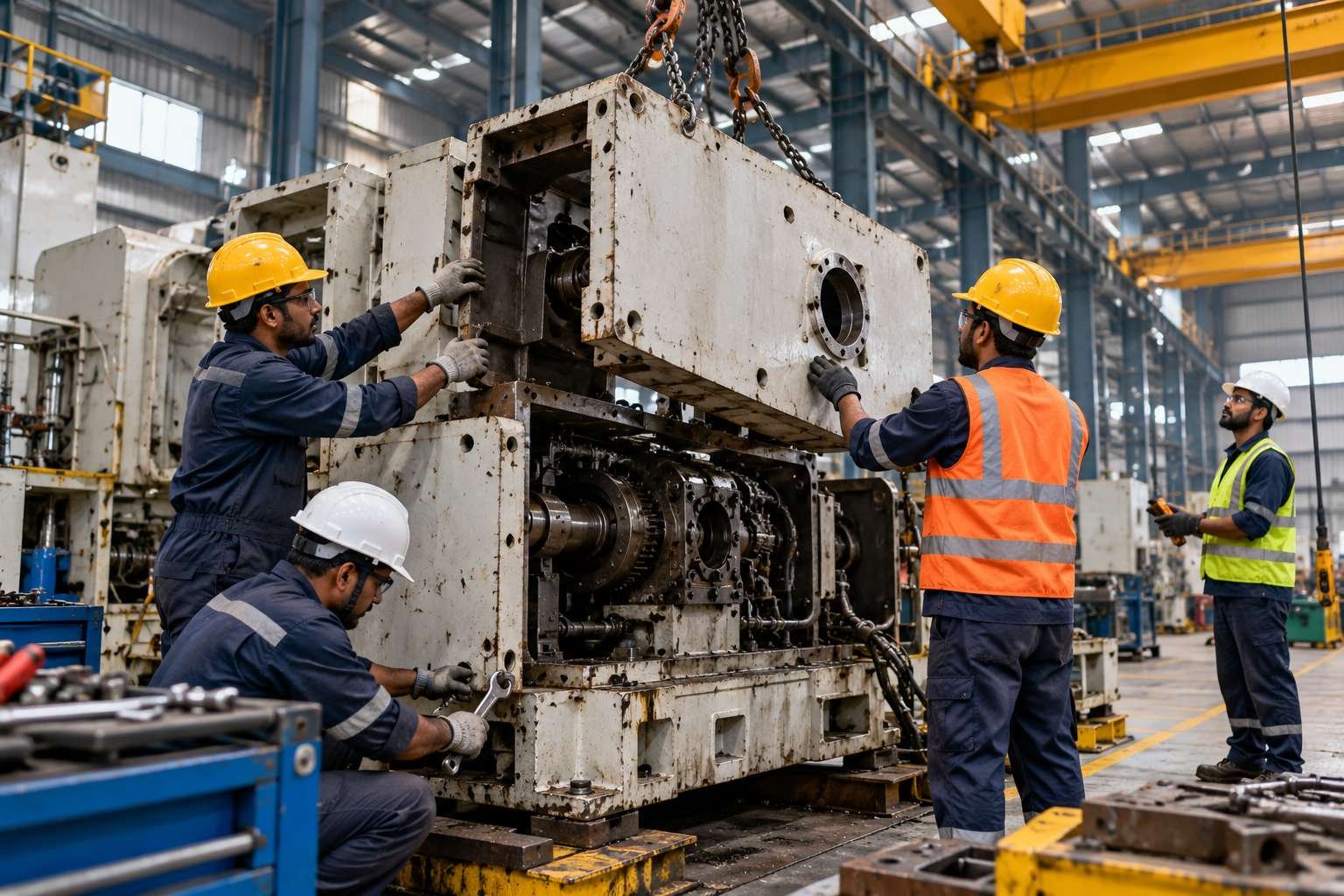 Industrial technicians preparing machine components inside a factory (illustrative image)