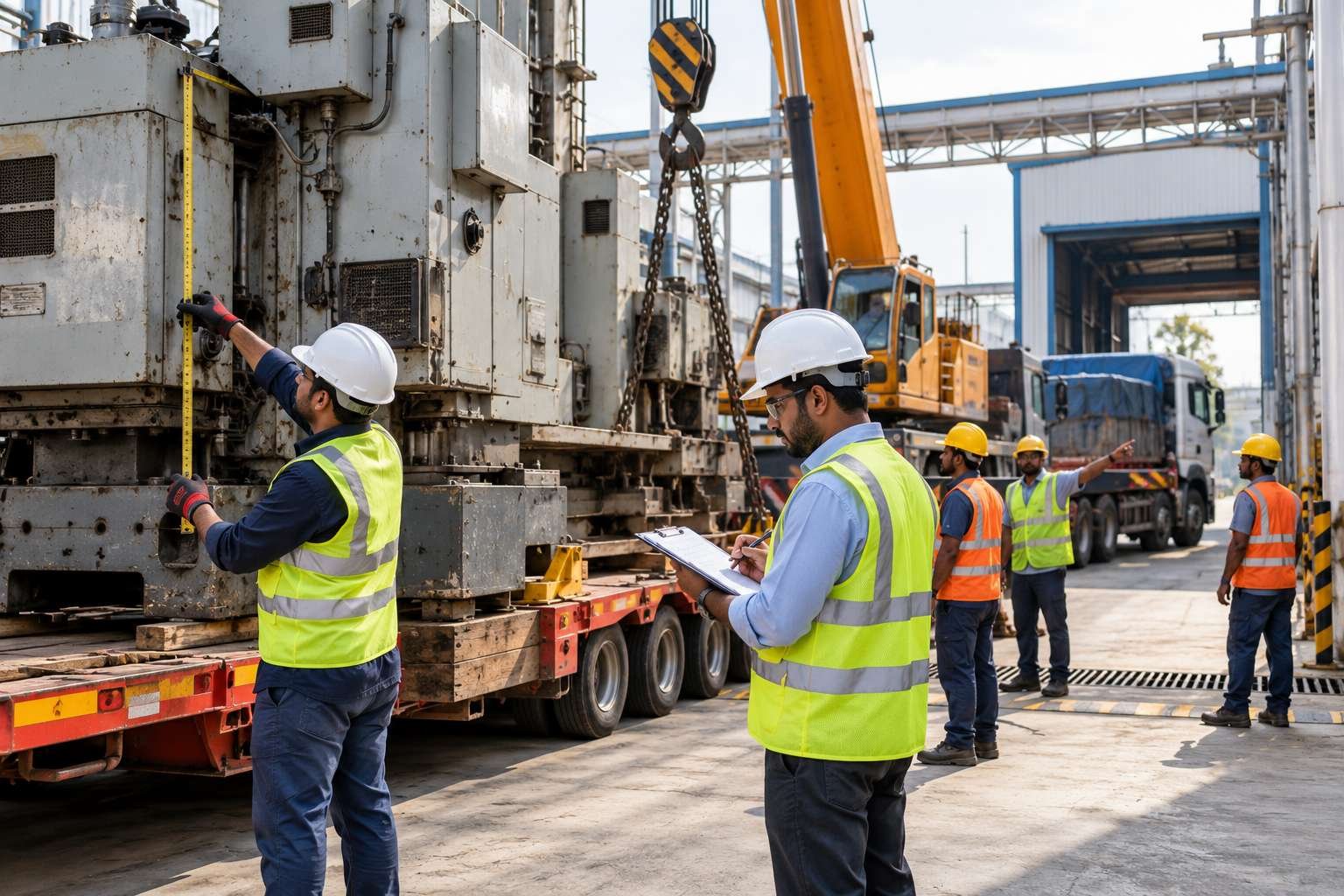 Crane-supported industrial machine loading beside a factory and trailer (illustrative image)