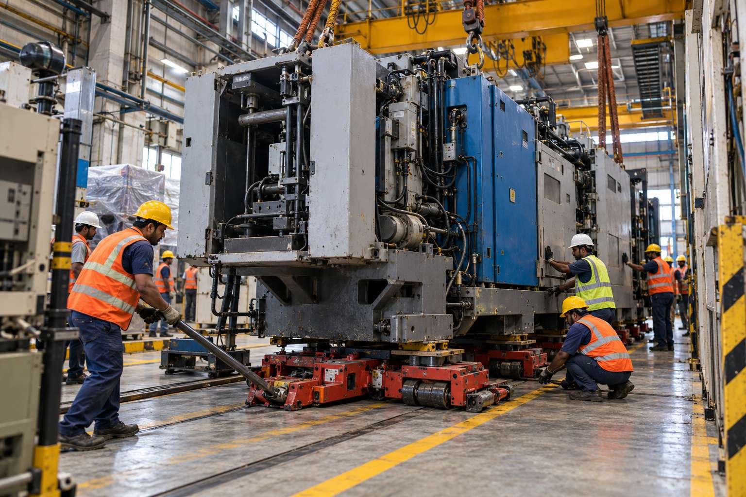 Industrial team preparing and positioning a machine inside a factory (illustrative image)