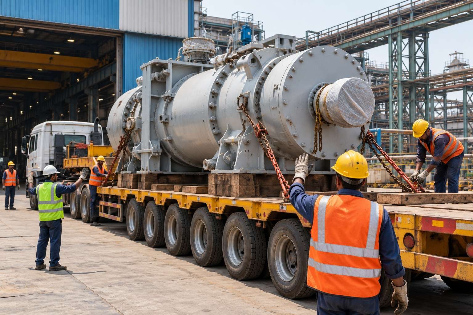 Industrial vessel on a heavy transport trailer at a factory site (illustrative image)
