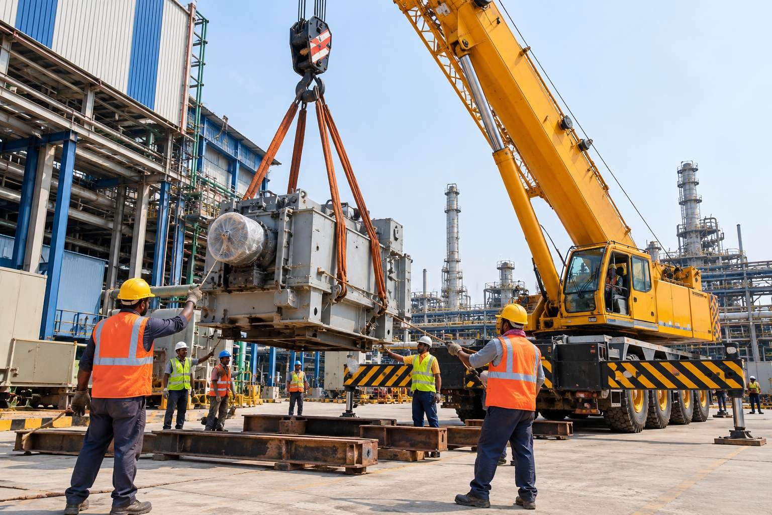 Crane-supported industrial machine loading beside a factory and trailer (illustrative image)