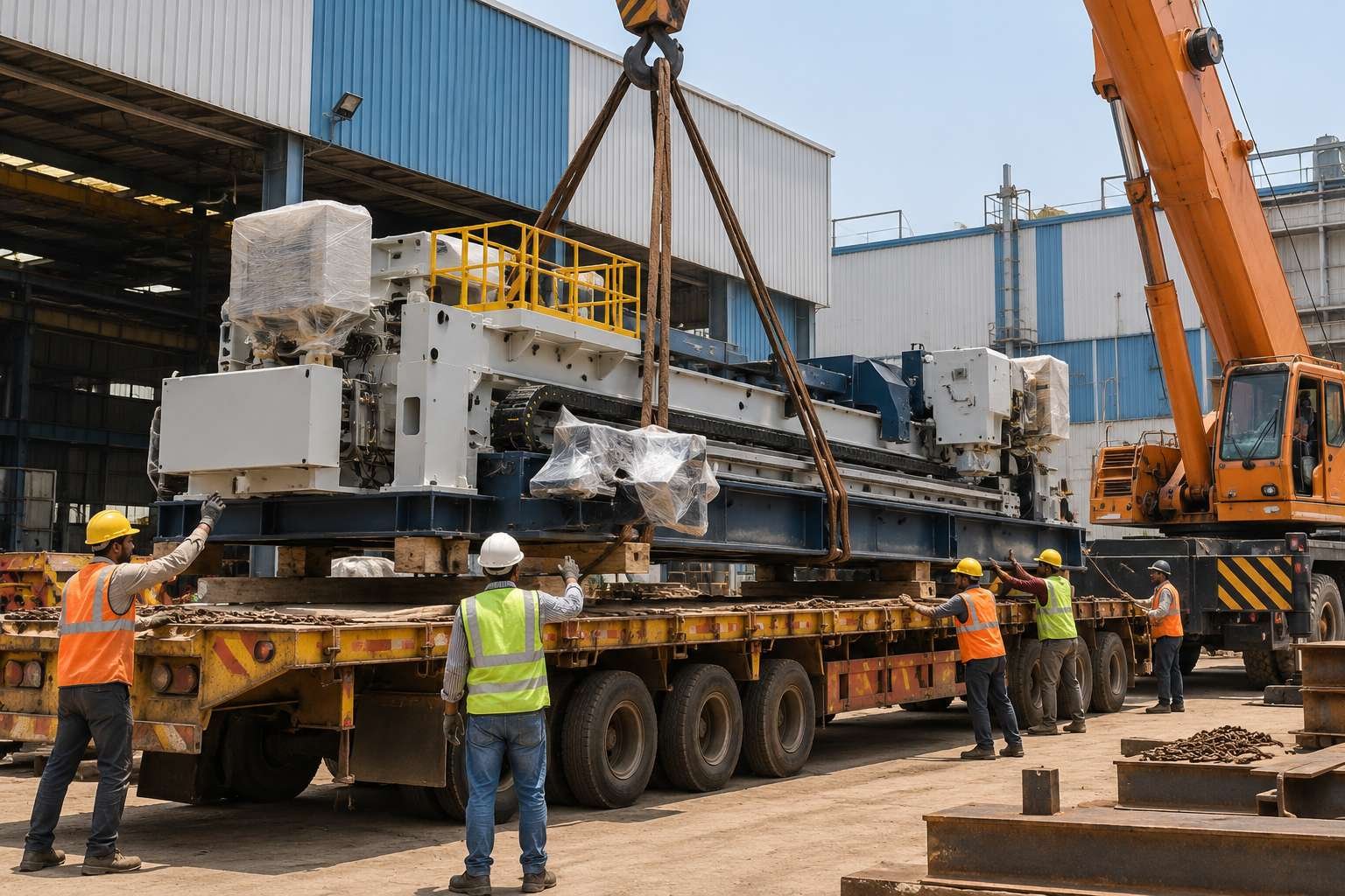 Crane-supported industrial machine loading beside a factory and trailer (illustrative image)