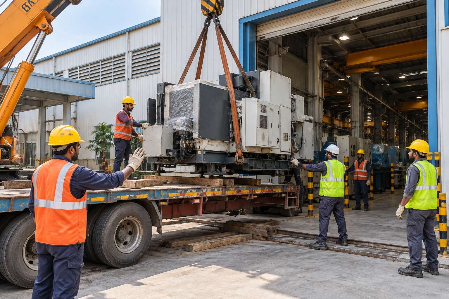 Crane-supported industrial machine loading beside a factory and trailer (illustrative image)