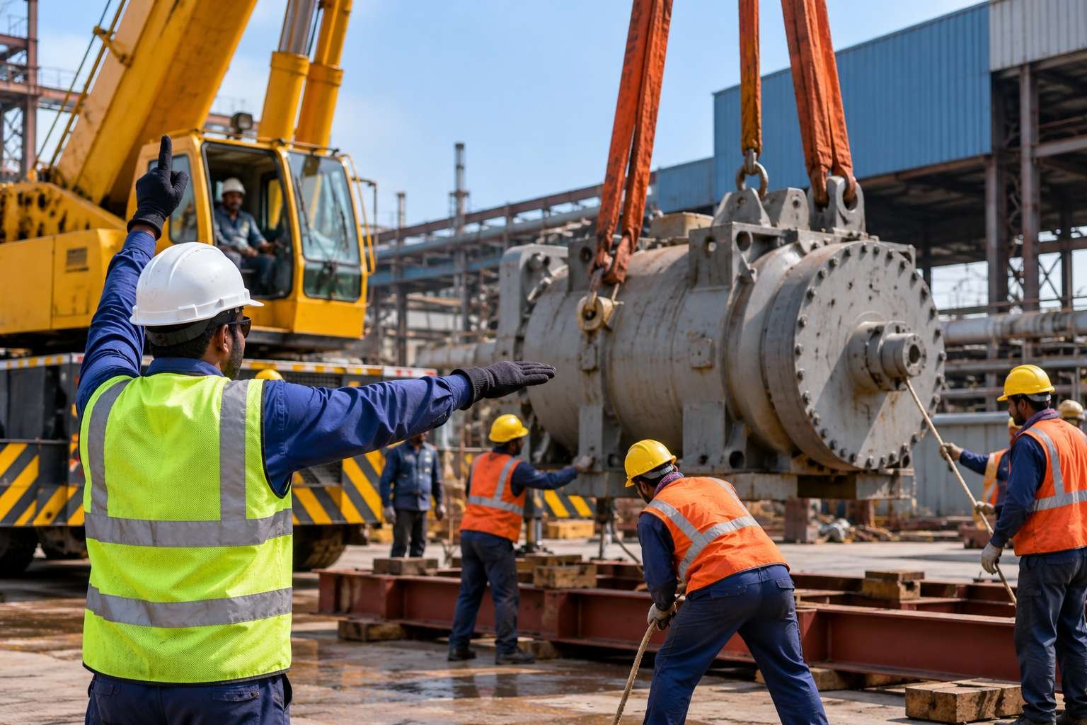 Industrial vessel on a heavy transport trailer at a factory site (illustrative image)