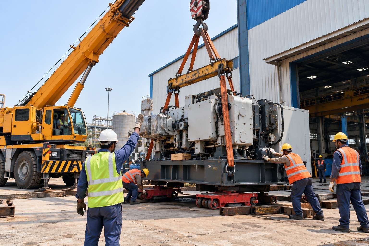 Crane-supported industrial machine loading beside a factory and trailer (illustrative image)