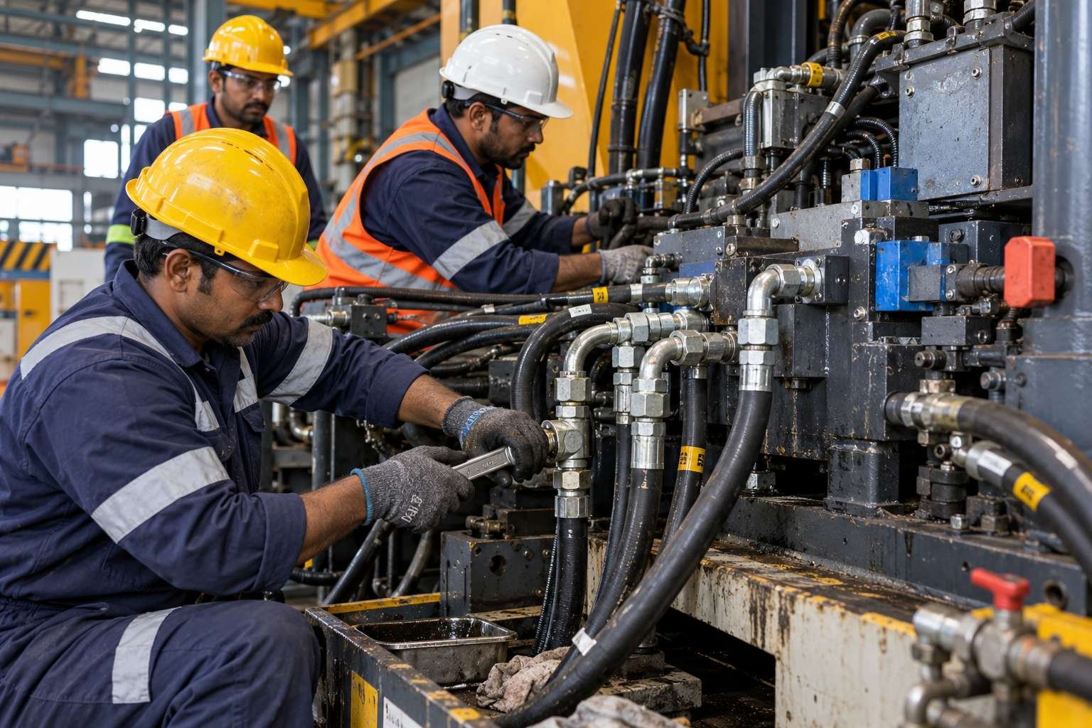 Industrial technicians preparing machine components inside a factory (illustrative image)